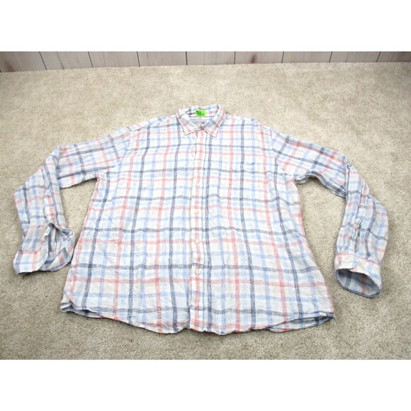Peter Millar Shirt Men Extra Large White Blue Pink Plaid Linen Casual Button Up - Picture 1 of 9